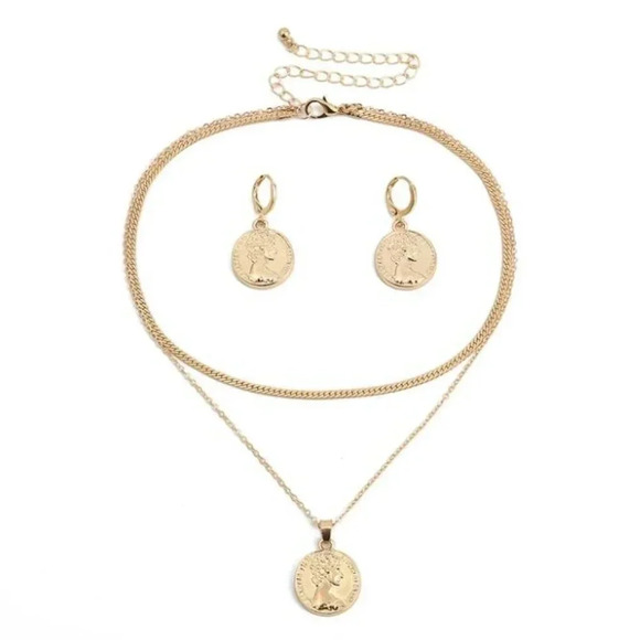 Minimalist Gold Coin Chain Necklace & Earring Set - Picture 3 of 6